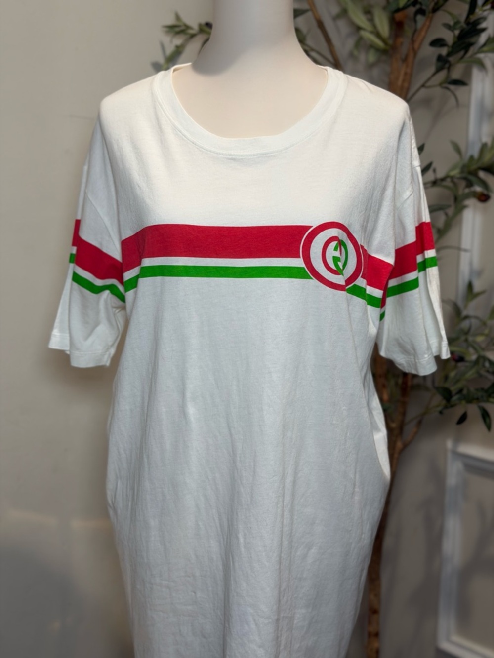Gucci White Tee with Red and Green Stripe Logo